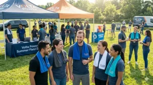 A group of people wearing matching branded cooling scarves at a sunny outdoor corporate event.