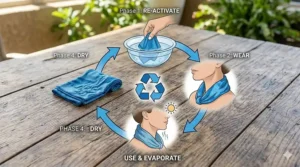 Infographic showing the eco-friendly cycle of soaking, wearing, and drying a reusable cooling neck scarf.