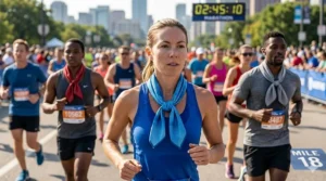 Stylized graphic of a runner using a water-activated cooling neck scarf to stay cool during a marathon.