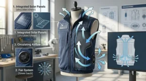 A technical diagram showing the airflow and solar energy conversion of a cooling vest designed for extreme heat.