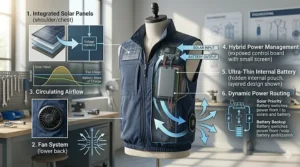 Illustration showing the hybrid power system connecting the solar panels to a backup battery in a cooling vest.