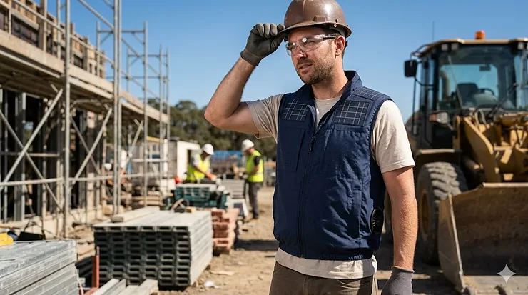 A construction worker wearing a solar-powered cooling vest while working on an outdoor site during a sunny day. solar powered cooling vests for outdoor work