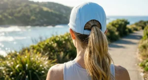 Rear view of a woman wearing a light blue stylish cooling cap for women with her ponytail pulled through the back.