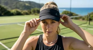 An athlete on a tennis court adjusting her black stylish cooling visor cap before a match.