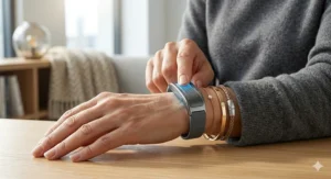 A stylish hot flash relief bracelet styled elegantly with everyday jewelry for a discreet look.