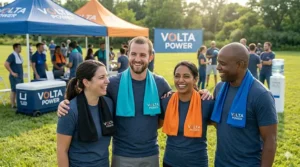 A diverse team of employees wearing their custom branded cooling gear during a summer company outing.