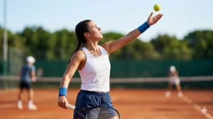 An illustration of a tennis player serving the ball, highlighting the vibrant athletic cooling wristbands for sports on their wrist.