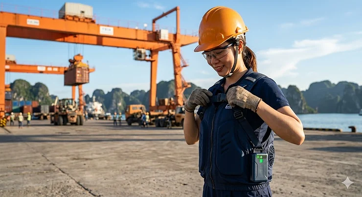 A woman at an active container port in Hạ Long, Vietnam, stands wearing an open blue cooling vest powered by a visible lithium battery pack, against a background of gantries and karst islands. top lithium battery cooling vests