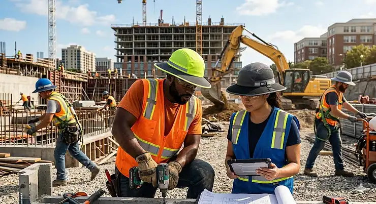 A collection of top rated safety cooling caps with brim on display, highlighting different colors and sun protection visors for outdoor workers.
