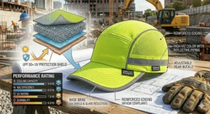 Graphic demonstrating UPF 50 plus sun protection coverage offered by high-quality safety cooling caps with front brims.