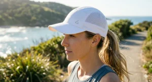 Side profile of a woman wearing a white athletic stylish cooling cap for women during a morning jog.