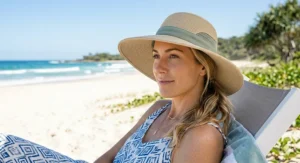 A woman relaxing on the beach wearing a wide-brim stylish cooling sun hat for UV protection.