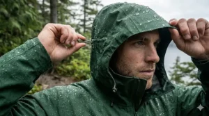 Person adjusting the ergonomic hood on a high-quality rain jacket