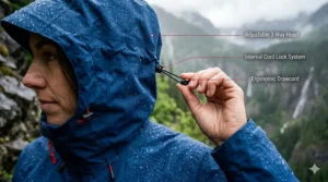 Side view showing the adjustable hood features of the most waterproof rain jacket.