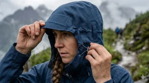 Illustration of a hiker adjusting the 3-way toggle hood on a breathable raincoat.