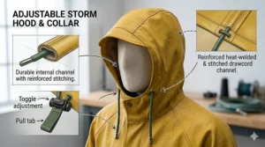 Illustration of a rubber raincoat featuring an adjustable storm hood for fishing.