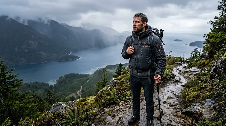 Man wearing a high-performance insulated rain jacket in a rainy urban environment.