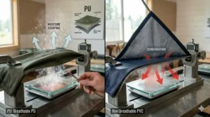 A diagram illustrating how moisture vapor escapes through breathable PU fabric.
