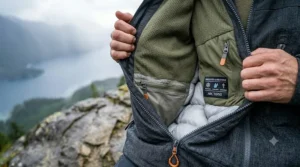 Interior view showing the thermal insulation lining of a breathable men's rain jacket.