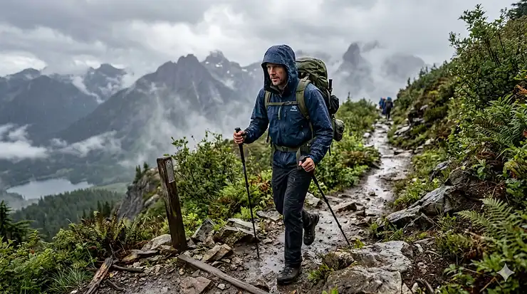 Person wearing a breathable raincoat for hiking in misty mountain terrain.