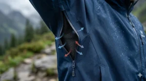 Close-up of open underarm ventilation zippers on a breathable raincoat for hiking.