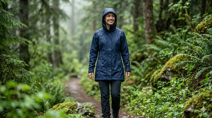 A photorealistic 4K image of a woman hiking on a trail in a lush forest while wearing a navy-blue breathable waterproof raincoat in light rain. breathable waterproof raincoat women