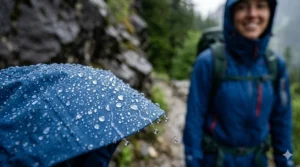 Water beading off the fabric surface of the most waterproof rain jacket.