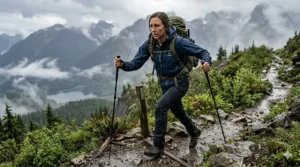 Athlete wearing a fitted, breathable raincoat for hiking allowing for full range of motion.