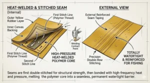 Diagram of reinforced heat-welded seams on a rubber fishing raincoat.
