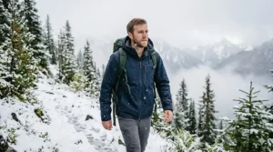 Model wearing a winter fleece-lined waterproof jacket in snowy weather.