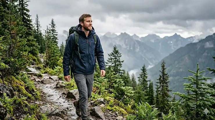 Man wearing a black fleece-lined waterproof jacket outdoors. fleece lined waterproof jacket men