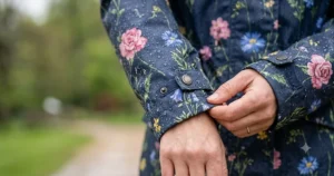 Detailed view of the adjustable velcro cuffs on a women's floral patterned rain jacket.