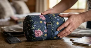 A women’s floral rain jacket folded neatly to show how compact it is for travel.