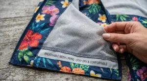 Interior view of a breathable mesh lining inside a women's floral rain jacket.