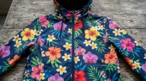 Front view of a lightweight floral rain jacket for women with a full-length zipper.