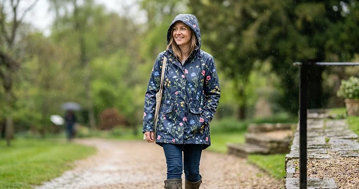 Woman wearing a stylish floral print rain jacket while walking in the park on a rainy day. leopard print rain jacket women