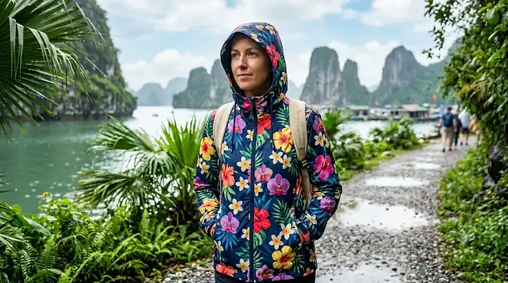 Woman wearing a stylish floral rain jacket walking in the park on a cloudy day.
