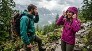A photorealistic 4K close-up illustration of heavy water beading on a GORE-TEX rain jacket fabric during a mountain hike, demonstrating the advanced hydrophobic DWR (Durable Water Repellent) coating.
