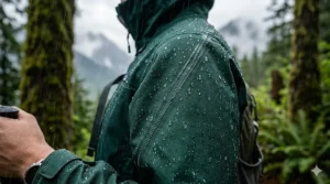 A photorealistic 4K close-up illustration focusing on water beading and a precision-taped seam on a high-performance Gore-Tex rain jacket. The detailed texture of the engineered fabric shows droplets rolling off the hydrophobic surface, with a sealed, contrasting seam and a subtle GORE-TEX logo visible.