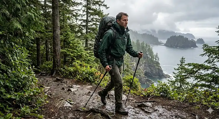 Person wearing a Gore-Tex rain jacket hiking in light rain gore-tex rain jacket under $200