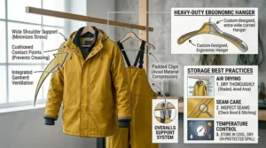 Illustration showing proper hanging storage for a rubber fishing raincoat.