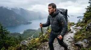A hiker wearing a lightweight insulated rain jacket for men on a wet mountain trail.