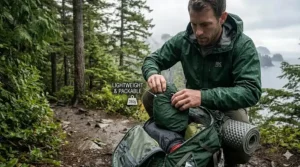 A compact Gore-Tex jacket folded inside a hiking backpack