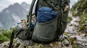 A compact, foldable breathable raincoat for hiking packed inside a small backpack pocket.