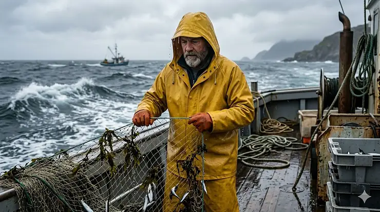 A man wearing a heavy-duty yellow rubber raincoat operates a net on a fishing boat during a choppy, overcast day. rubber raincoat fishing