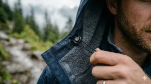 Close-up of an adjustable hood on a warm, fleece-lined jacket.