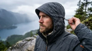 Side view showing the adjustable hood fit on a stylish men's insulated rain jacket.