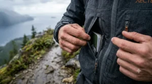 Displaying the secure, deep storage pockets on a functional insulated rain jacket for men.
