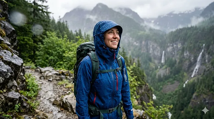 Person wearing the most waterproof rain jacket during a heavy downpour on a mountain trail.