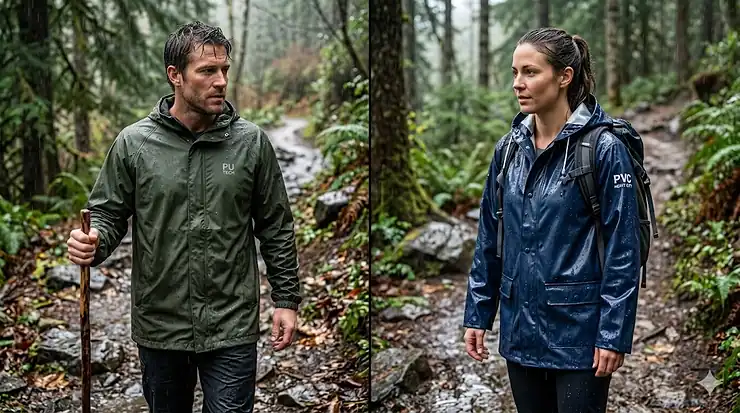 A side-by-side comparison of a lightweight PU raincoat and a heavy-duty PVC raincoat. PU raincoat vs PVC which is better